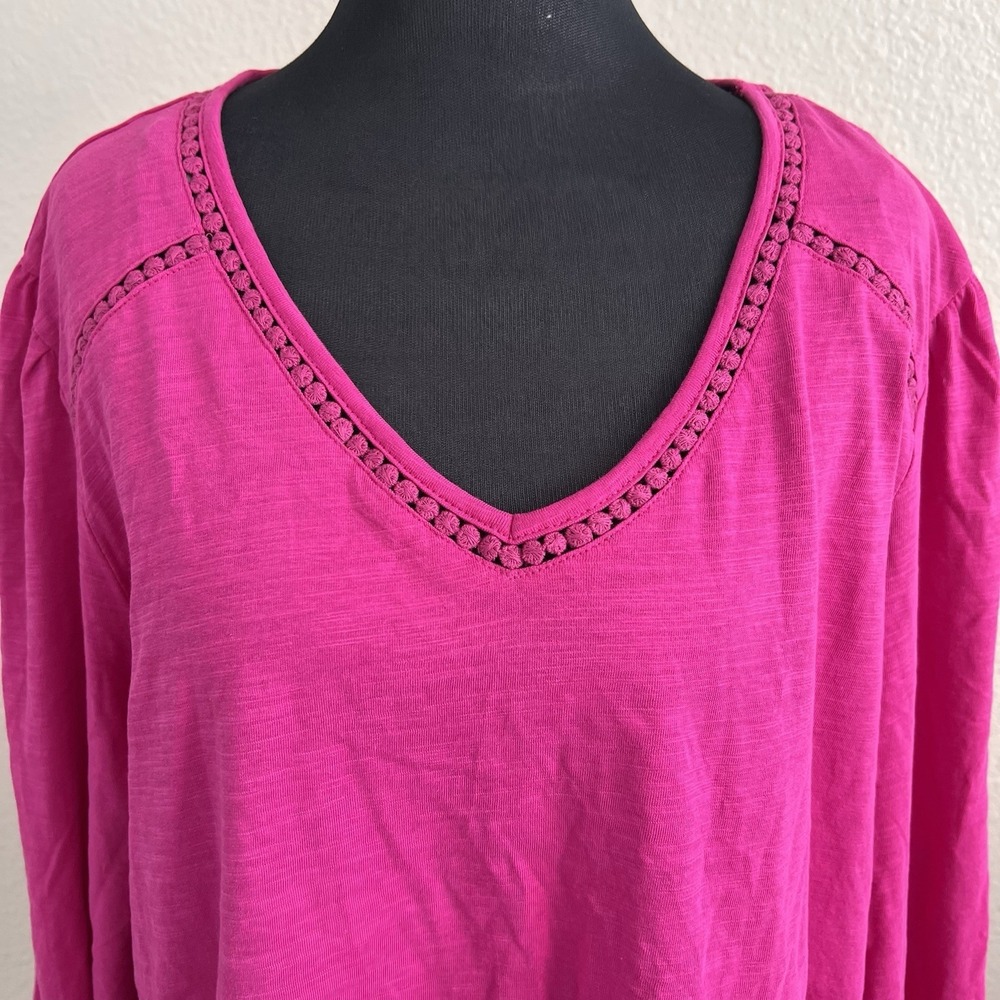 XXL Top Tunic Tee 3/4 Sleeve Casual Crochet Trim NWT Cotton Pink St. John's Bay - Picture 3 of 8
